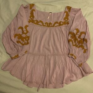 ✨⚡️💥Free People Balloon Sleeve Tie Waist Boho Pink Blush Rose Taupe Top Teatals